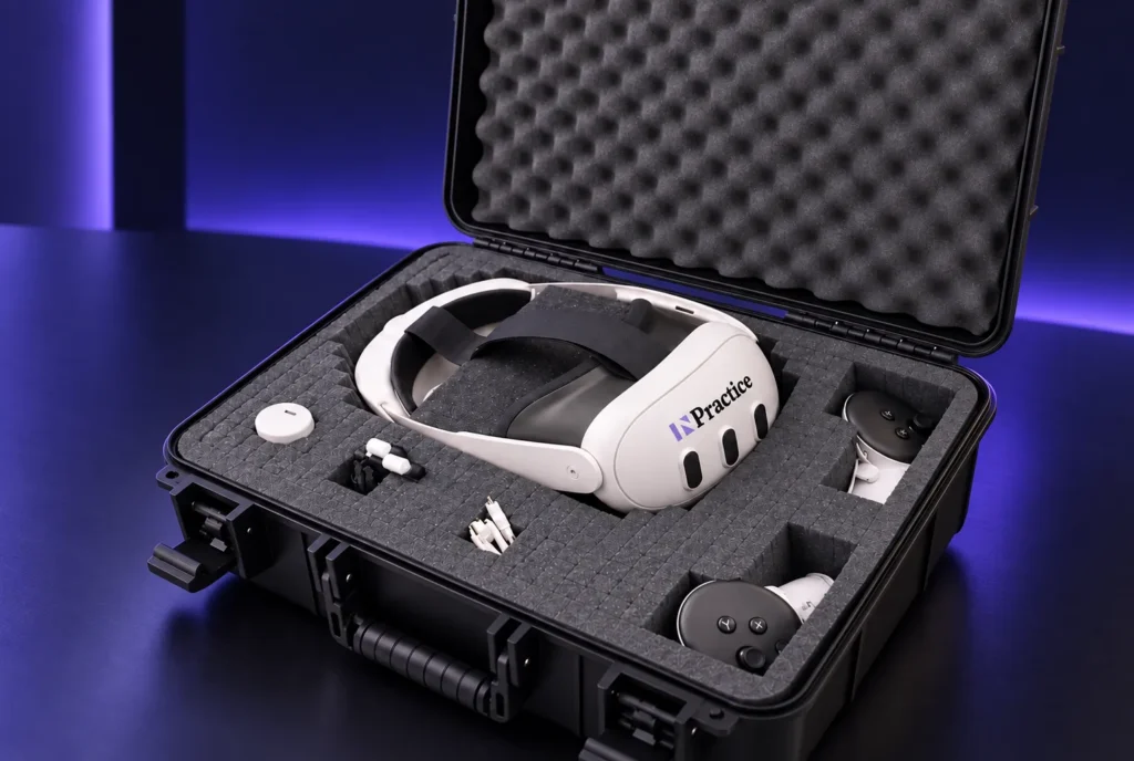 Configured VR headset in a protective case, ready to ship through INXR Complete